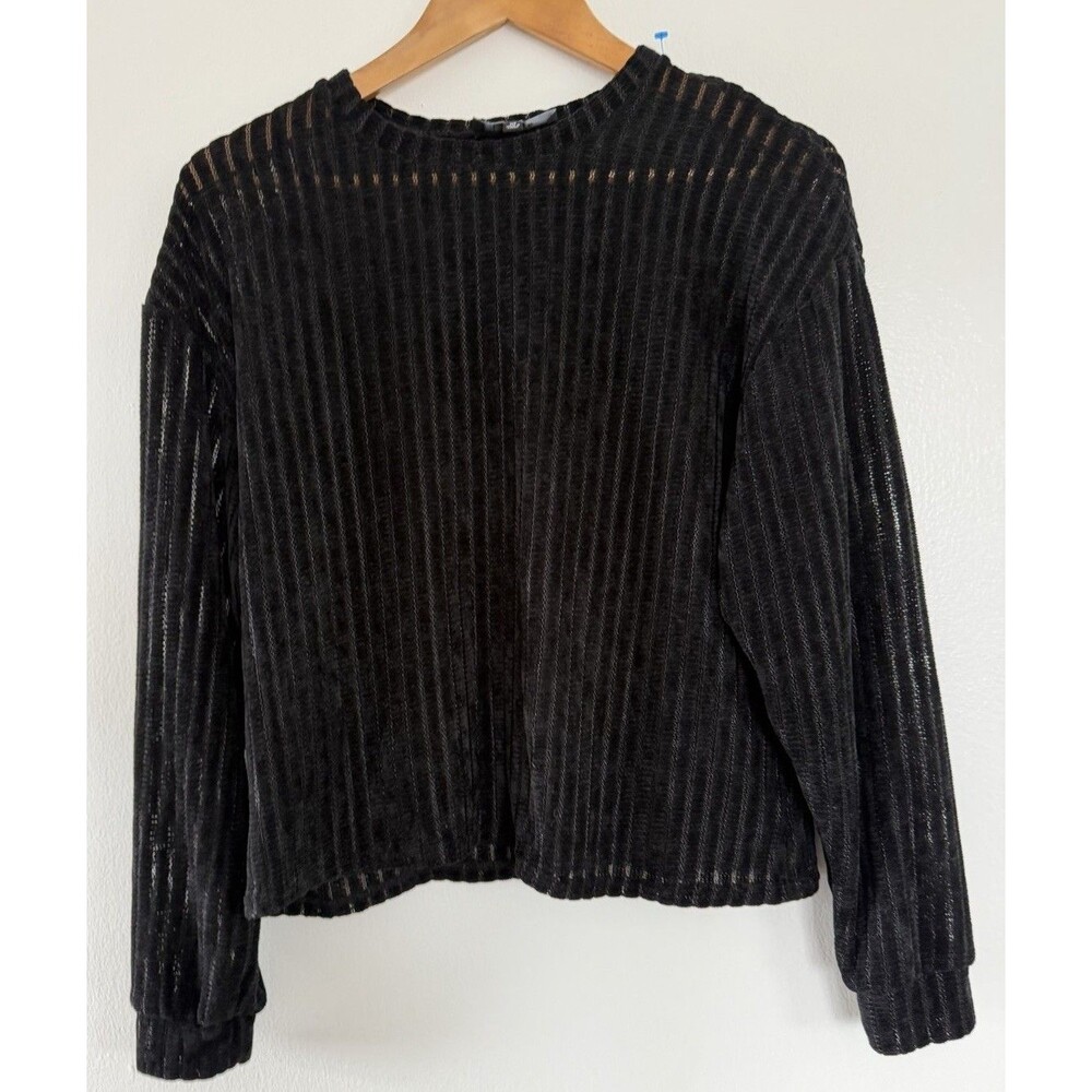Lulus Sweater Womens M Black Open Knit Ribbed Long Sleeve Crew Neck Lightweight